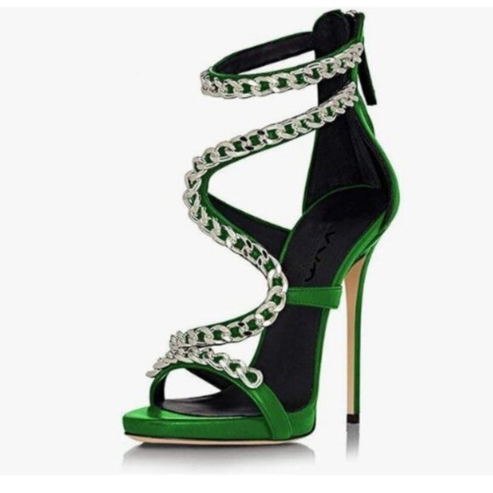 XYD Green Metal Chain Stiletto High Heels Sandal Sexy Strappy Open Toe Zip Shoes